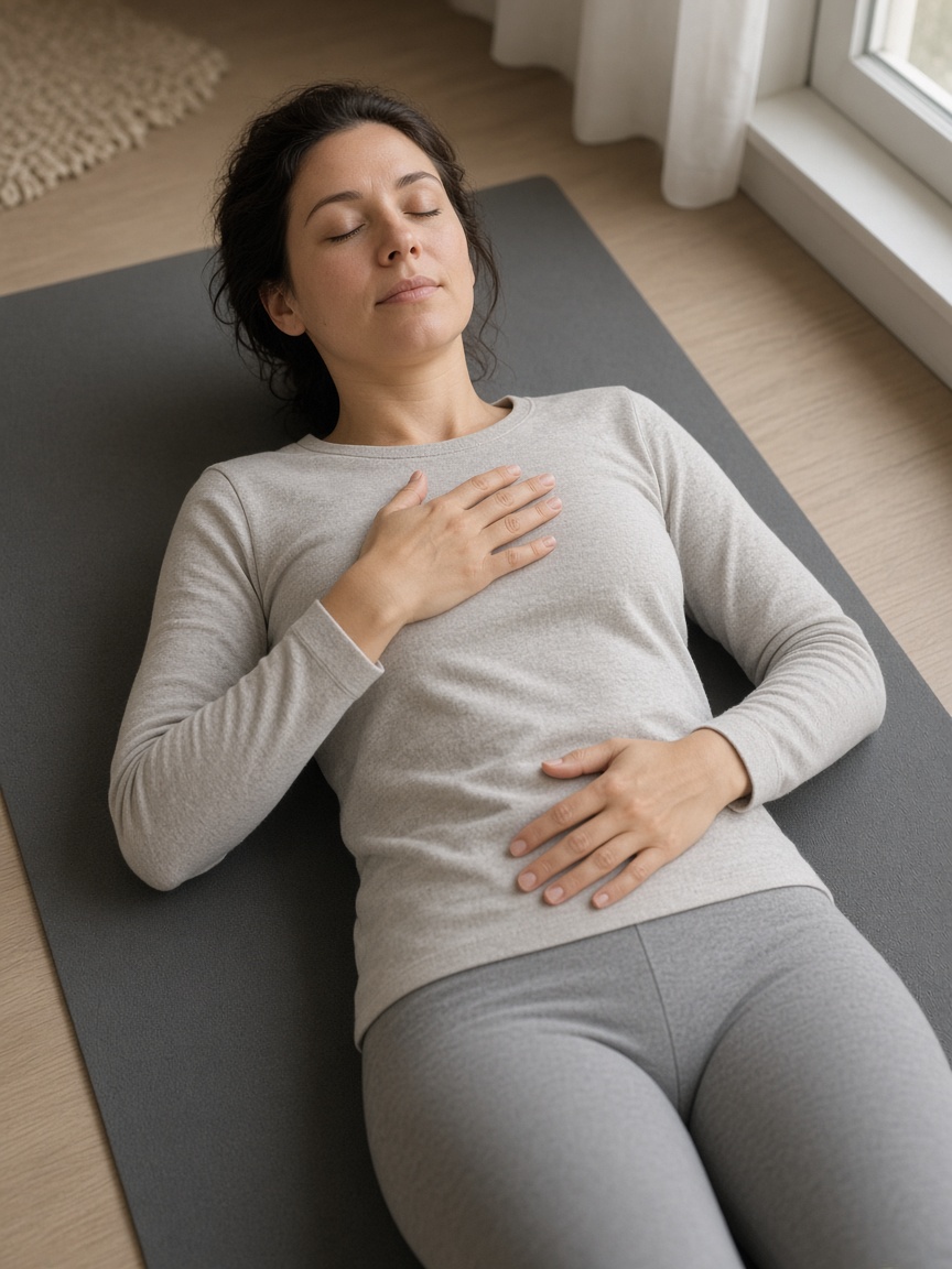 Bir yetişkin yoga matında, bir eli göğsünde bir eli karnında, sakin nefes alıyor