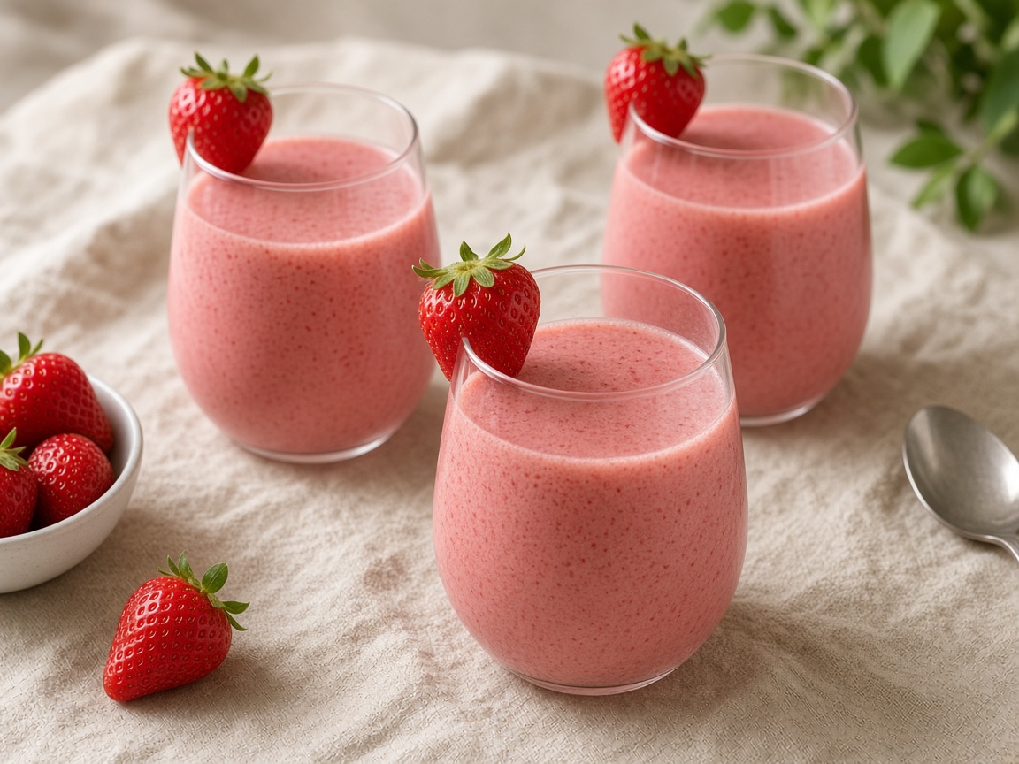 Çilekle süslenmiş üç bardak pembe gazpacho